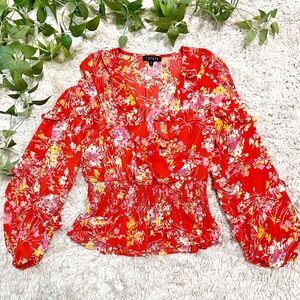 1. State Floral Peplum Blouse Womens Size M Red Ruffle Smocked Long Sleeve
